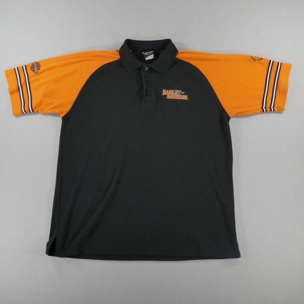 Vintage Y2K Harley‎ Davidson Black/Orange Polo Embroidered Mens Size (XL) Biker